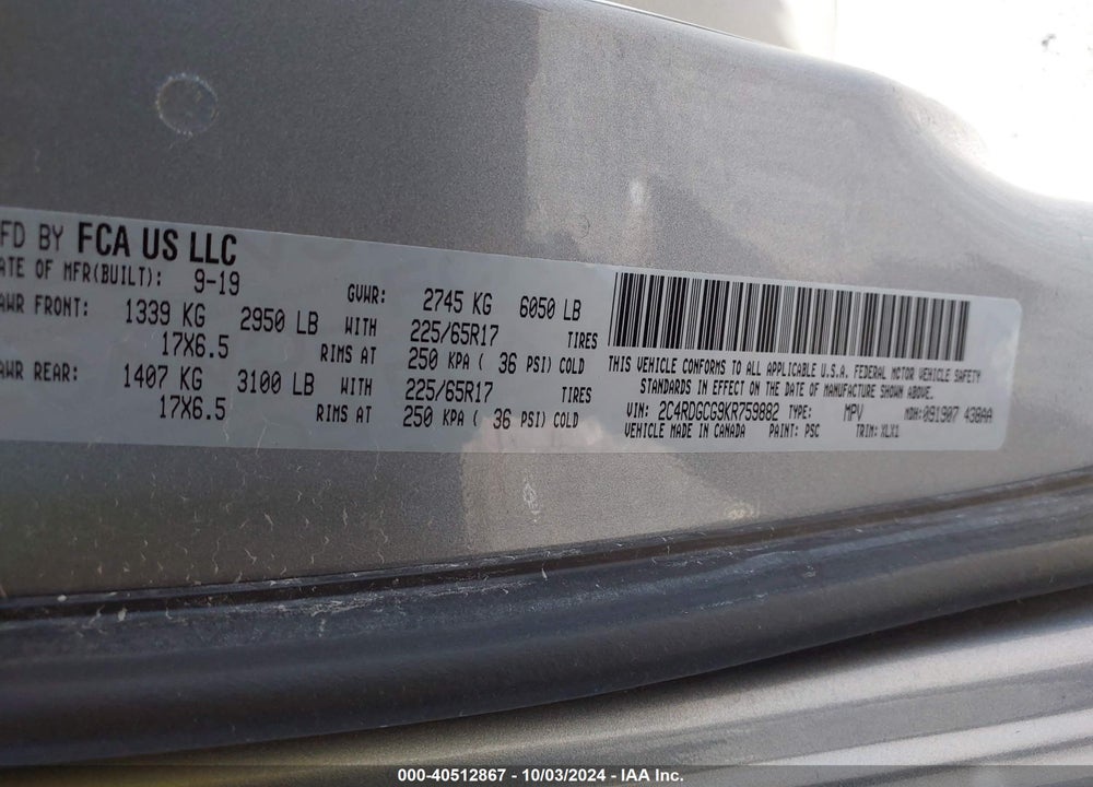 2019 DODGE GRAND CARAVAN SXT VIN: 2C4RDGCG9KR759882