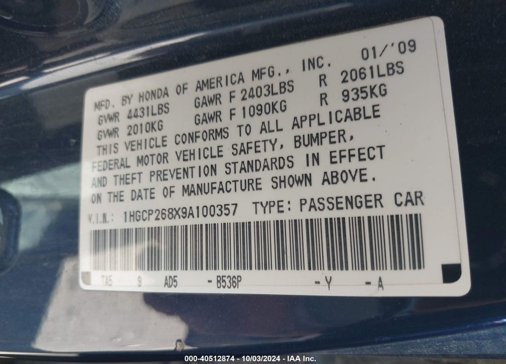 2009 HONDA ACCORD 2.4 EX-L VIN: 1HGCP268X9A100357