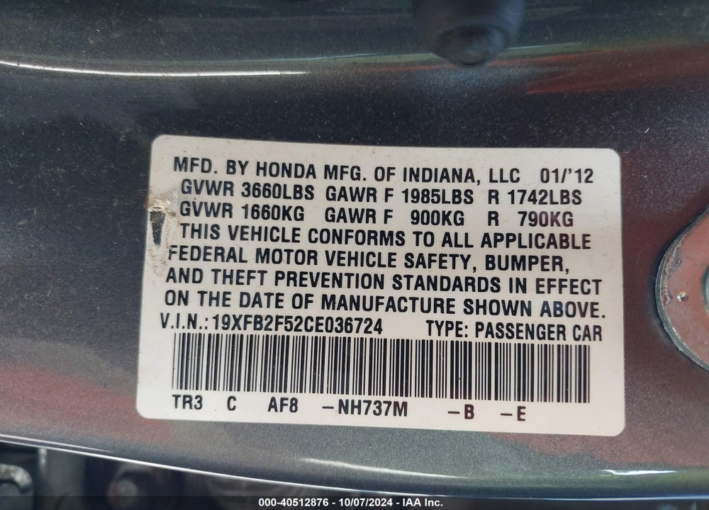 2012 HONDA CIVIC VIN: 19XFB2F52CE036724