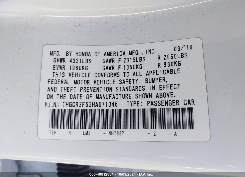 2017 HONDA ACCORD SPORT VIN: 1HGCR2F53HA071346