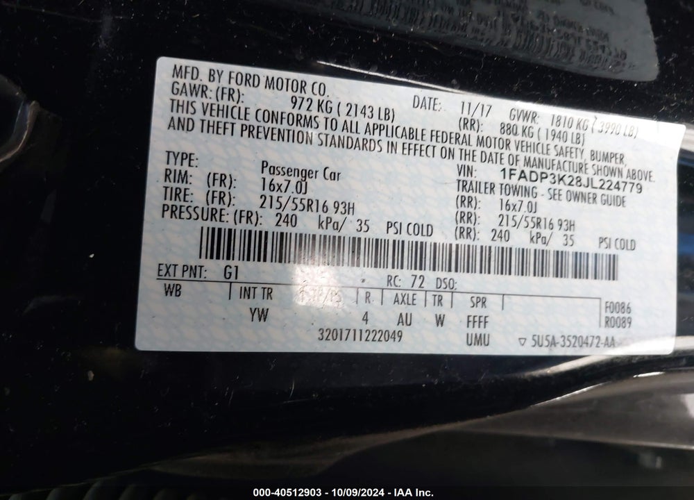 2018 FORD FOCUS SE VIN: 1FADP3K28JL224779