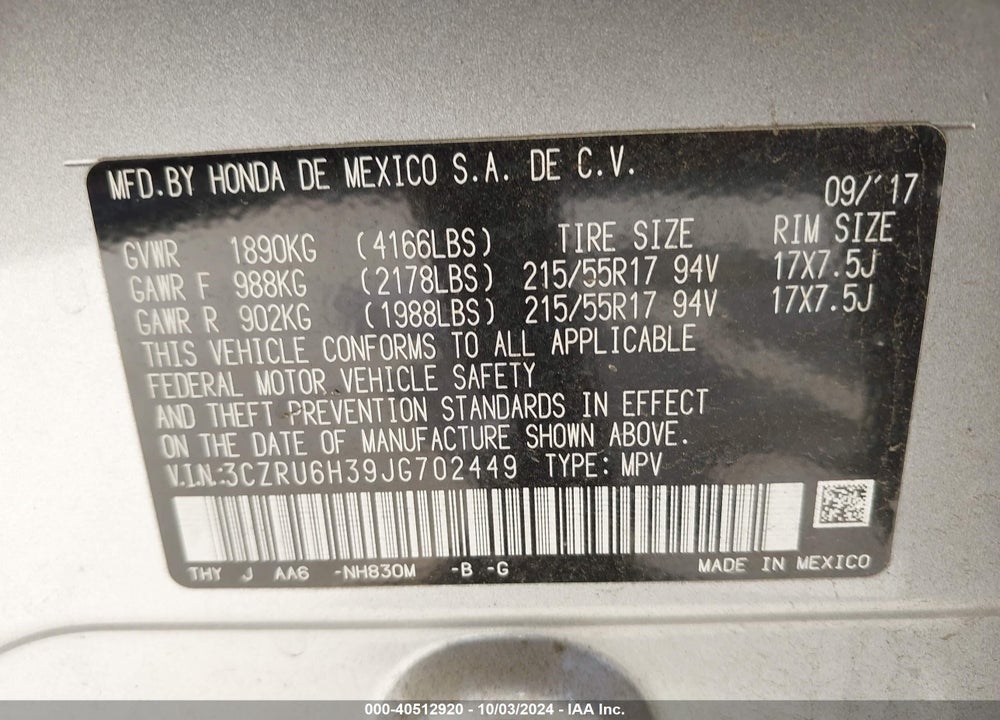 2018 HONDA HR-V LX VIN: 3CZRU6H39JG702449