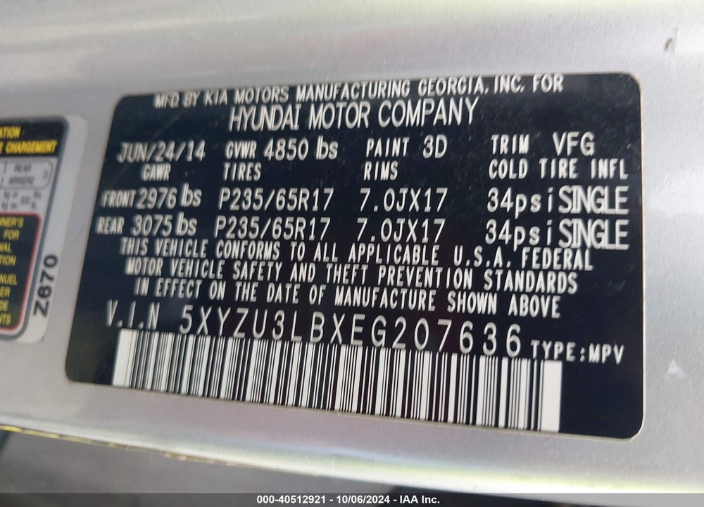 2014 HYUNDAI SANTA FE SPORT 2.4L VIN: 5XYZU3LBXEG207636
