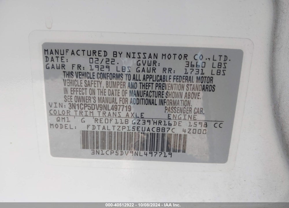 2022 NISSAN KICKS SR XTRONIC CVT VIN: 3N1CP5DV9NL497719
