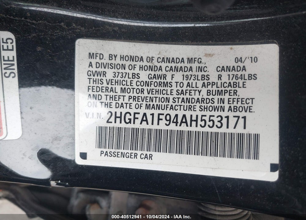 2010 HONDA CIVIC EX-L VIN: 2HGFA1F94AH553171