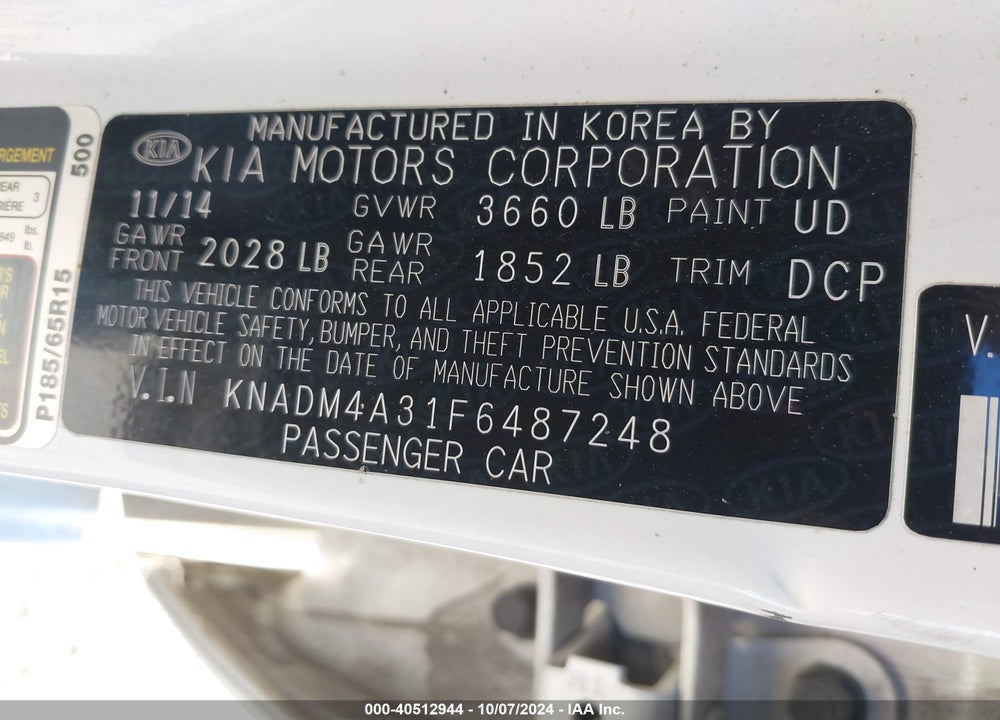 2015 KIA RIO LX VIN: KNADM4A31F6487248