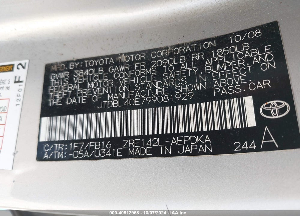 2009 TOYOTA COROLLA LE VIN: JTDBL40E799081929