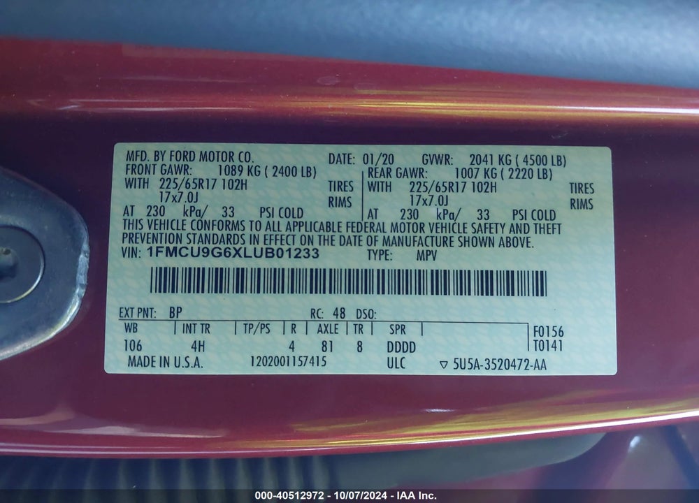 2020 FORD ESCAPE SE VIN: 1FMCU9G6XLUB01233