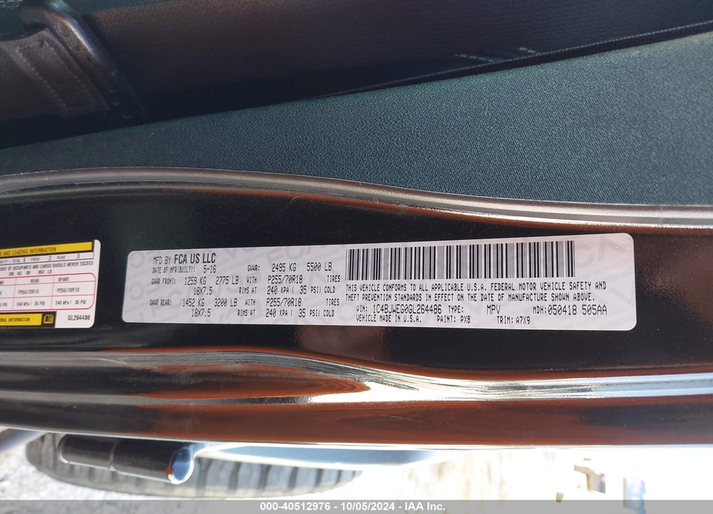 2016 ANGLER JEEP WR UNLIMITED SAHARA VIN: 1C4BJWEG0GL264486