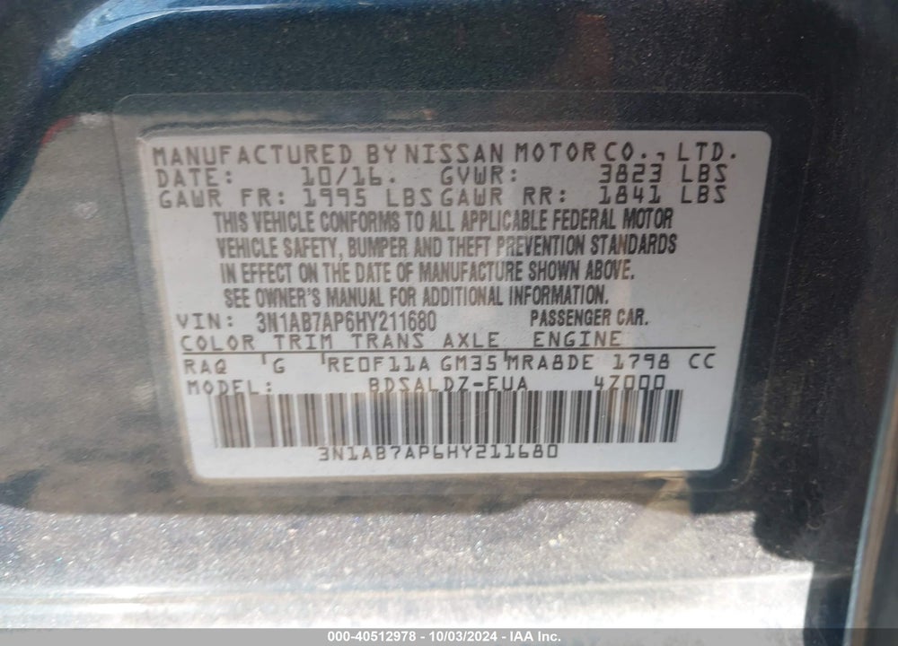 2017 NISSAN SENTRA SV VIN: 3N1AB7AP6HY211680