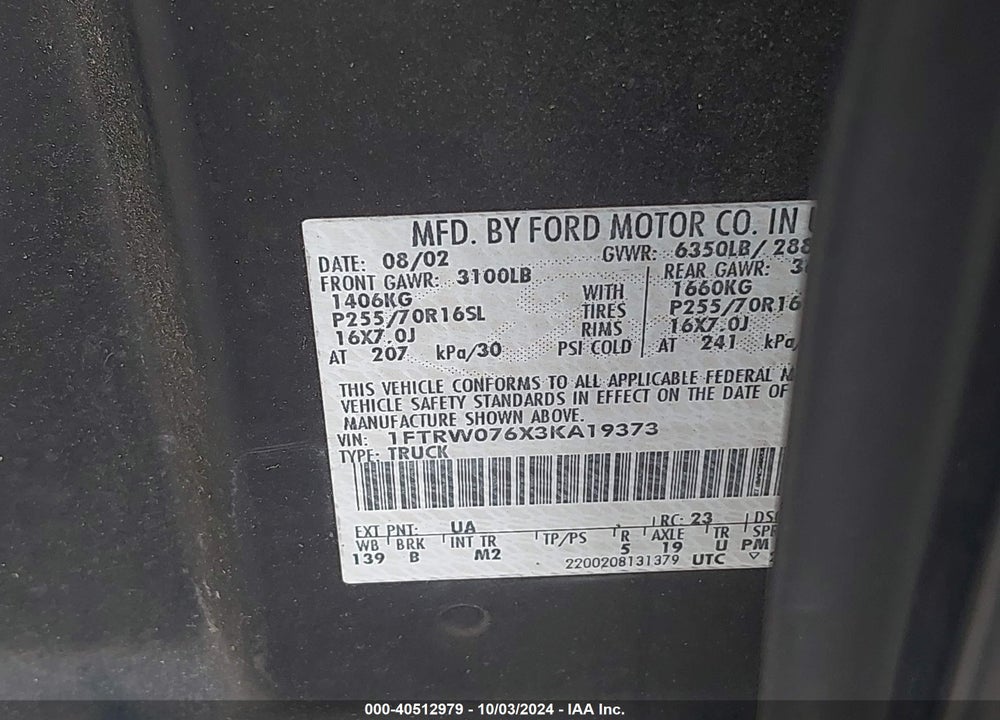 2003 FORD F-150 LARIAT/XLT VIN: 1FTRW076X3KA19373