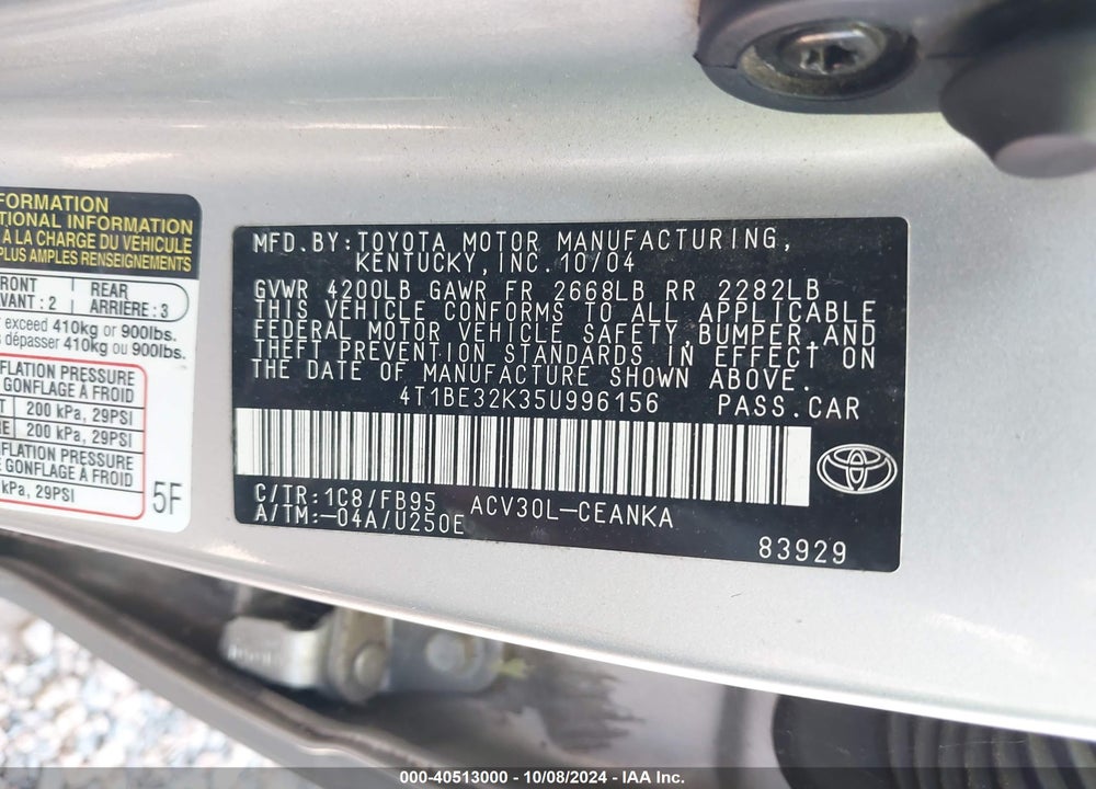 2005 TOYOTA CAMRY LE VIN: 4T1BE32K35U996156