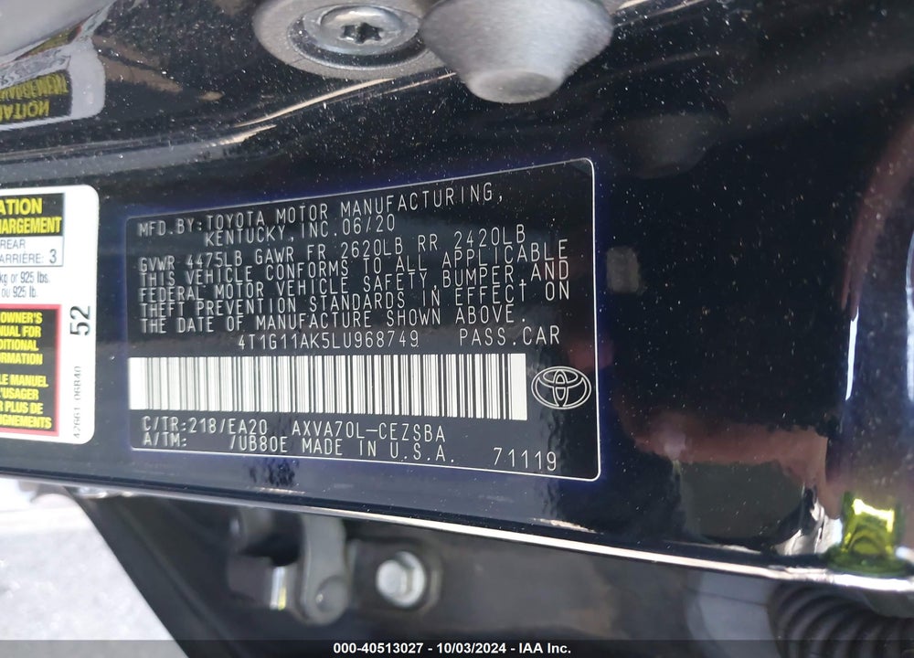 2020 TOYOTA CAMRY SE VIN: 4T1G11AK5LU968749