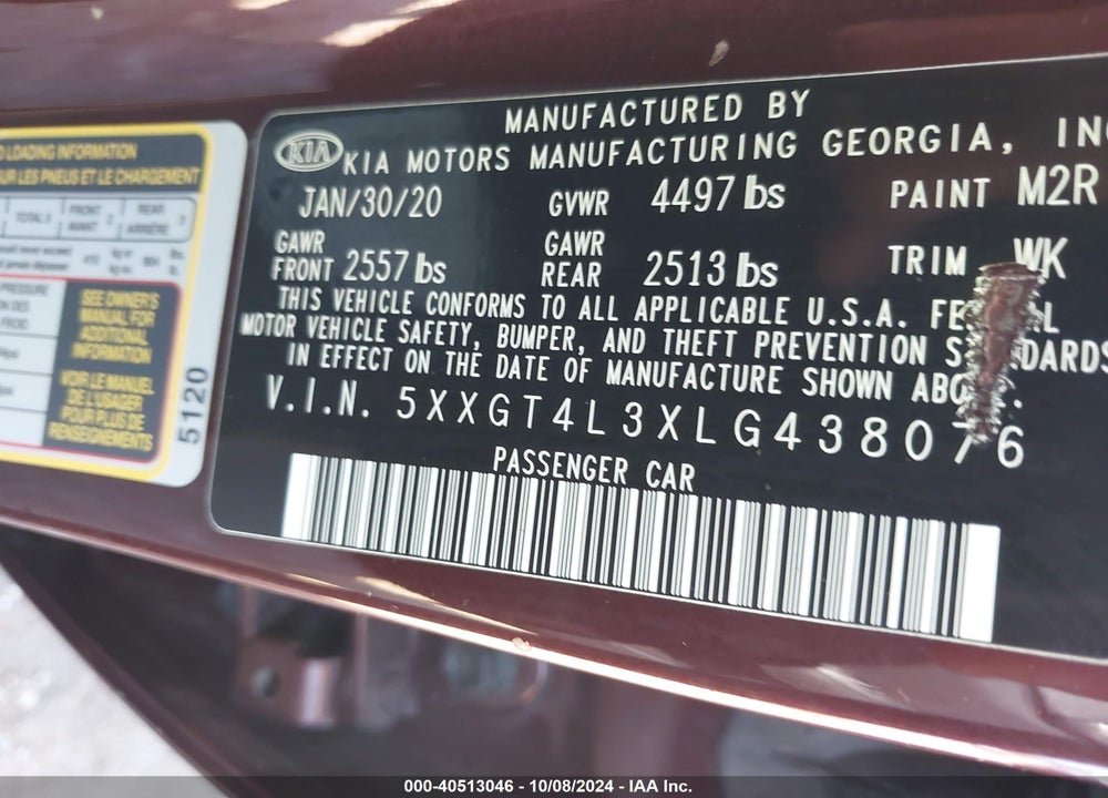 2020 KIA OPTIMA LX VIN: 5XXGT4L3XLG438076