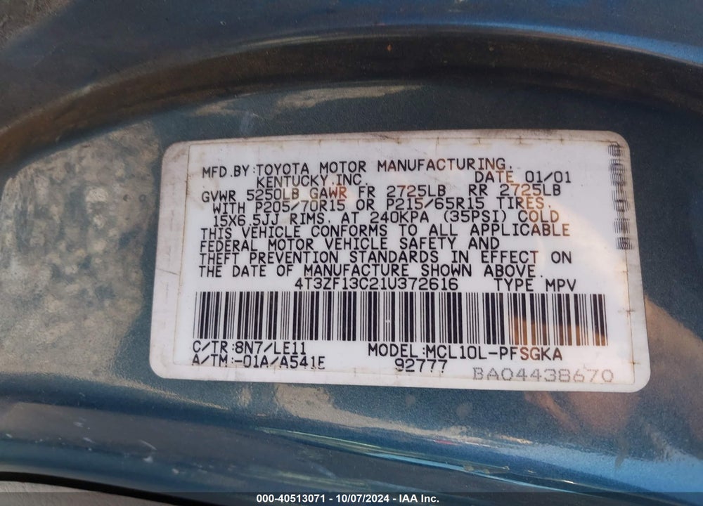2001 TOYOTA SIENNA XLE VIN: 4T3ZF13C21U372616