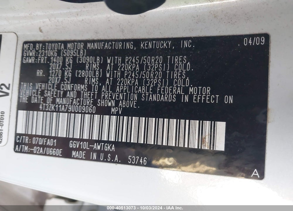 2009 TOYOTA VENZA BASE V6 VIN: 4T3ZK11A79U009060