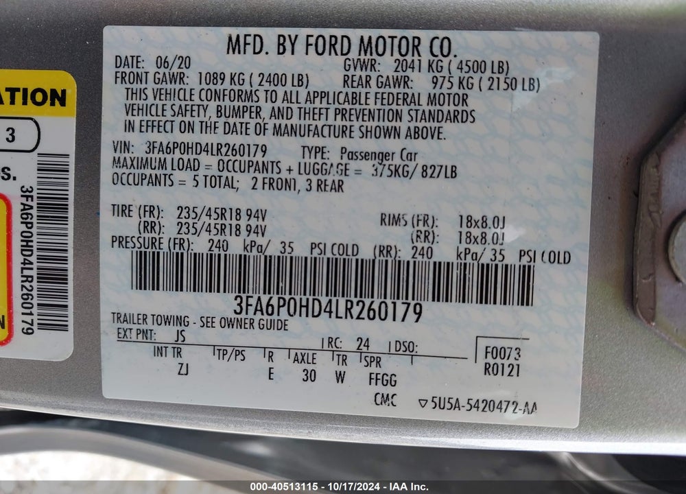 2020 FORD FUSION SE VIN: 3FA6P0HD4LR260179
