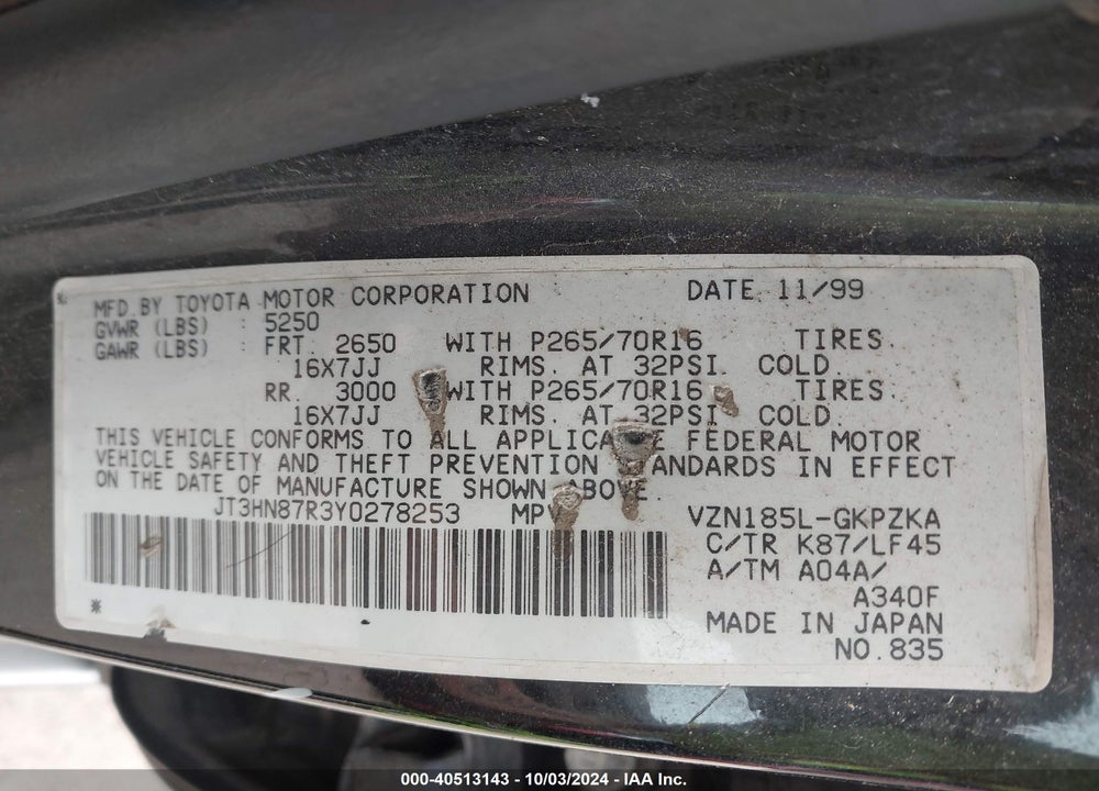 2000 TOYOTA 4RUNNER LIMITED V6 VIN: JT3HN87R3Y0278253