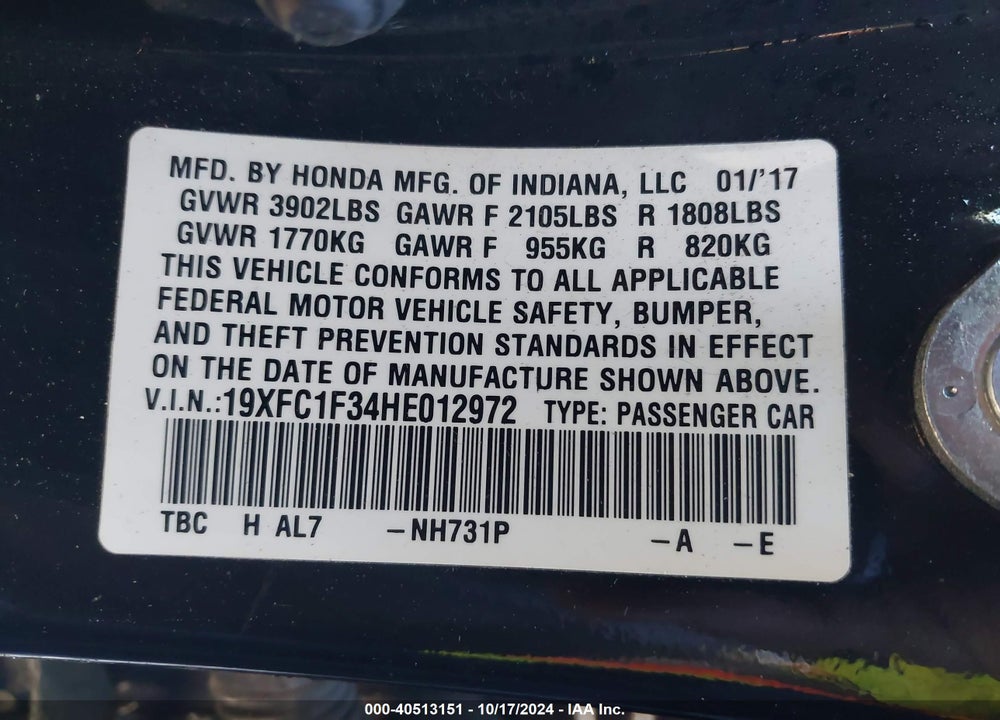 2017 HONDA CIVIC EX-T VIN: 19XFC1F34HE012972