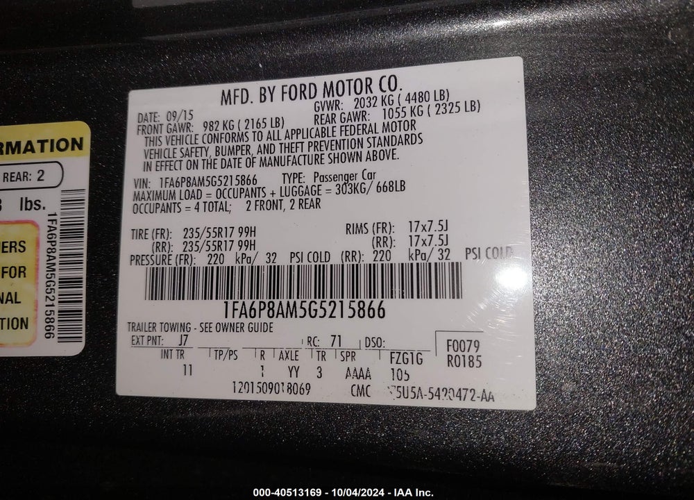 2016 FORD MUSTANG V6 VIN: 1FA6P8AM5G5215866