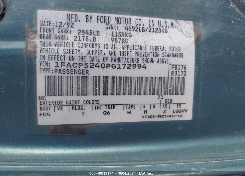 1993 FORD TAURUS GL VIN: 1FACP5240PG172994