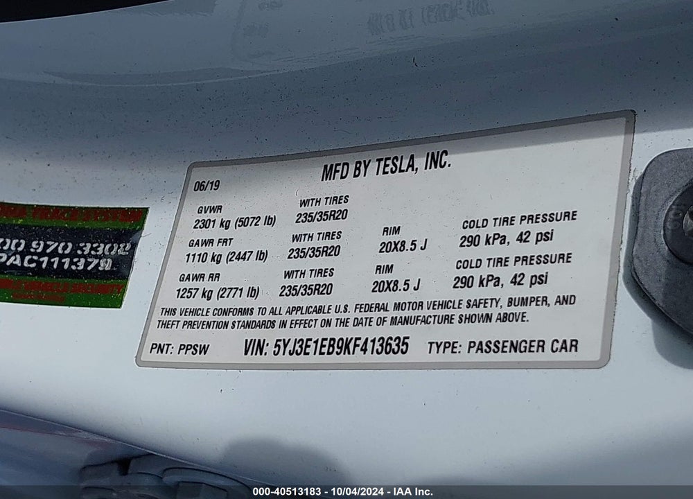 2019 TESLA MODEL 3 LONG RANGE/PERFORMANCE VIN: 5YJ3E1EB9KF413635