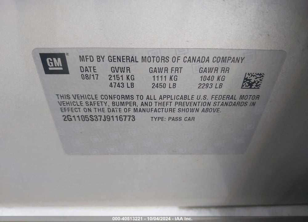 2018 CHEVROLET IMPALA 1LT VIN: 2G1105S37J9116773