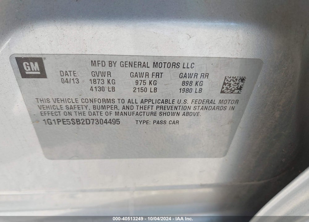 2013 CHEVROLET CRUZE 2LT AUTO VIN: 1G1PE5SB2D7304495