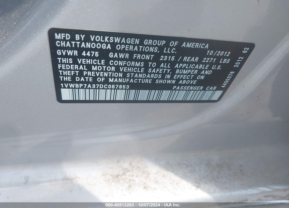2013 VOLKSWAGEN PASSAT 2.5L SE VIN: 1VWBP7A37DC057853