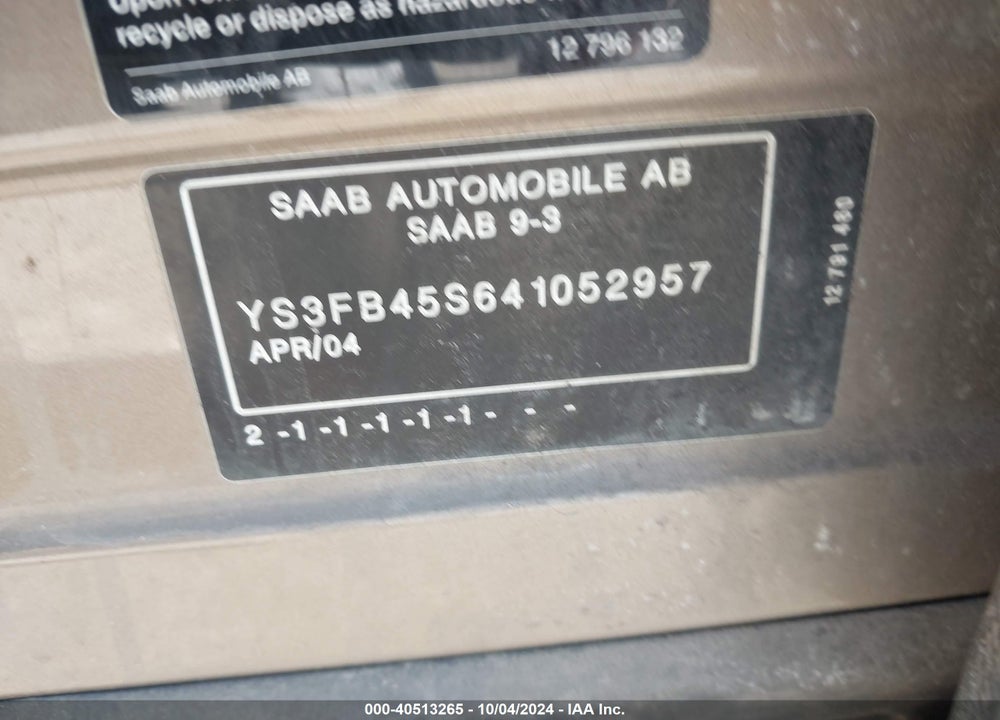 2004 SAAB 9-3 LINEAR VIN: YS3FB45S641052957