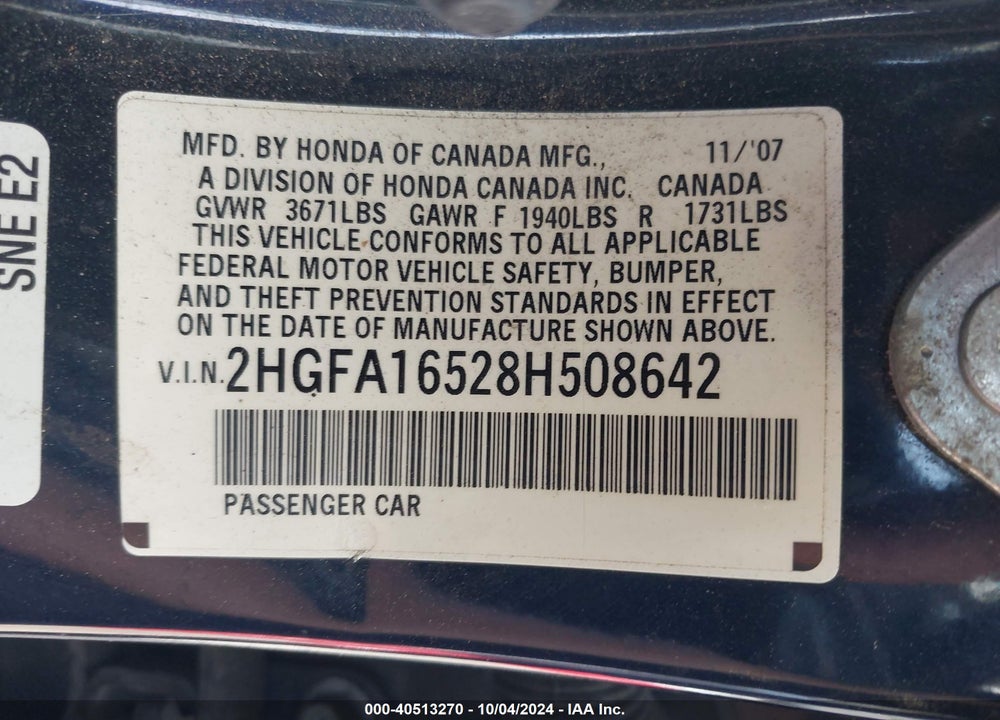 2008 HONDA CIVIC LX VIN: 2HGFA16528H508642