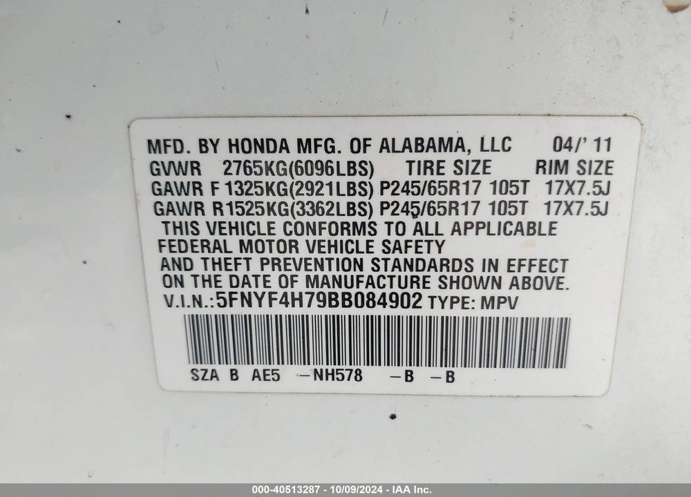 2011 HONDA PILOT EX-L VIN: 5FNYF4H79BB084902