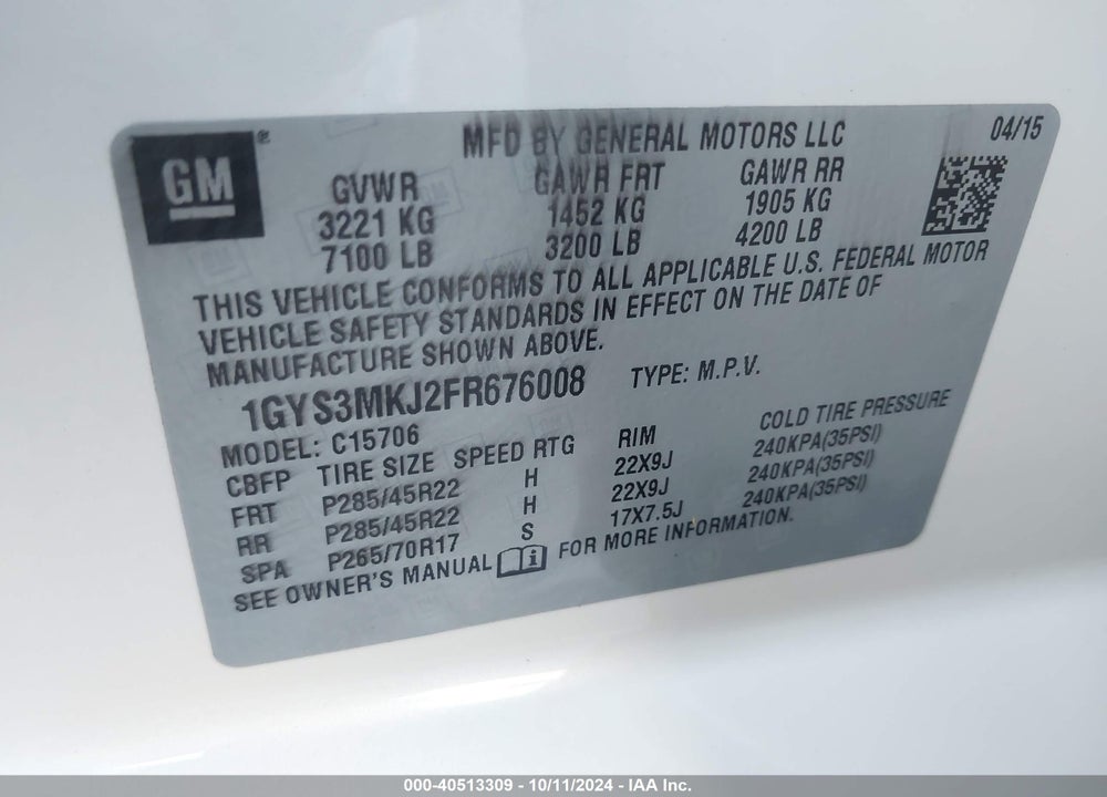 2015 CADILLAC ESCALADE LUXURY VIN: 1GYS3MKJ2FR676008
