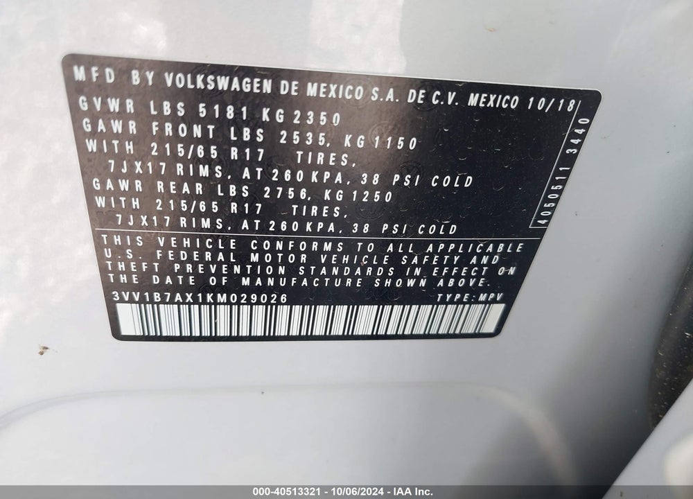 2019 VOLKSWAGEN TIGUAN 2.0T S VIN: 3VV1B7AX1KM029026