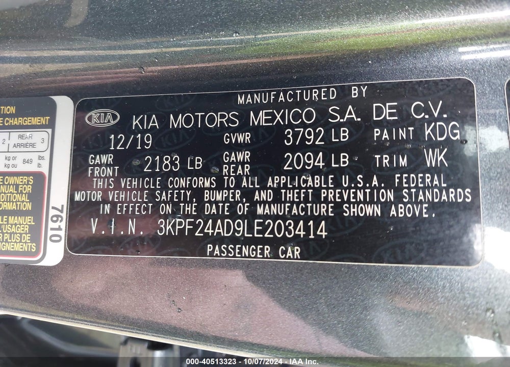 2020 KIA FORTE LXS VIN: 3KPF24AD9LE203414
