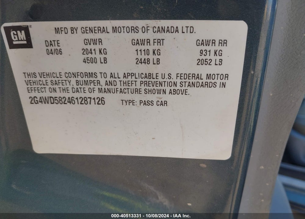 2006 BUICK LACROSSE CXL VIN: 2G4WD582461287126