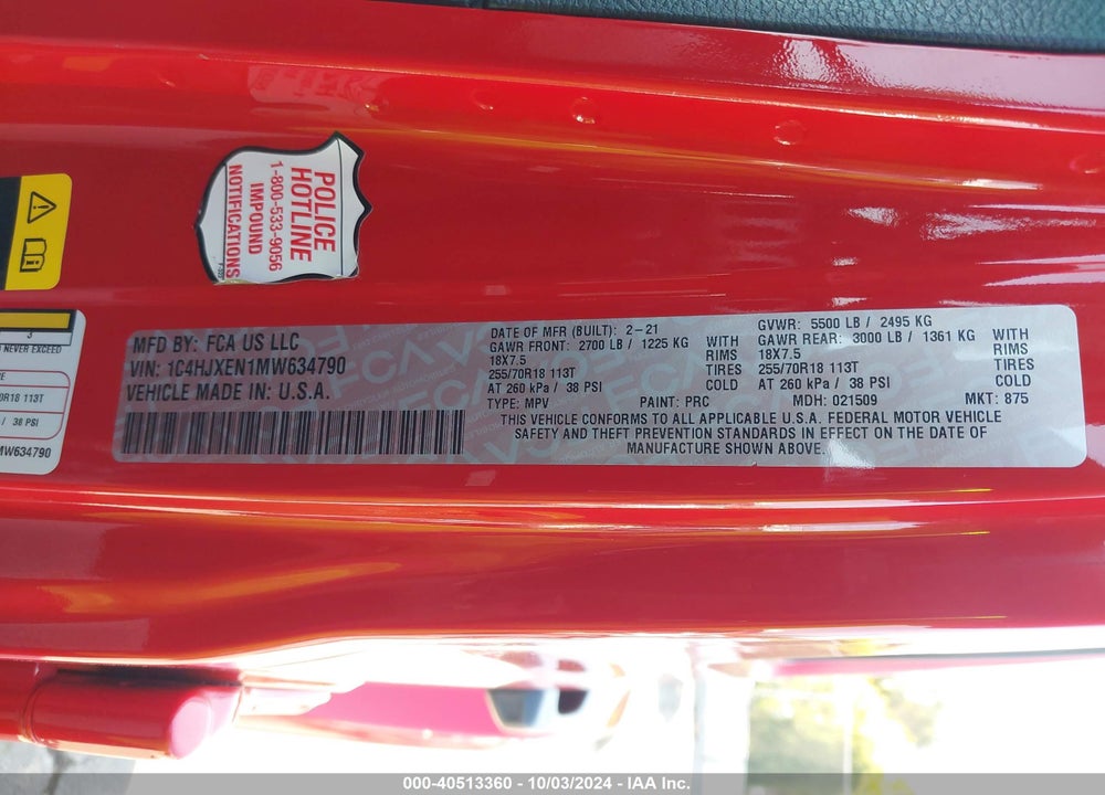 2021 JEEP WRANGLER UNLIMITED SAHARA 4X4 VIN: 1C4HJXEN1MW634790