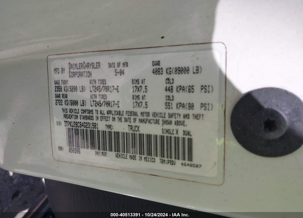 2004 DODGE RAM 2500 ST VIN: 3D7KU28C64G231581