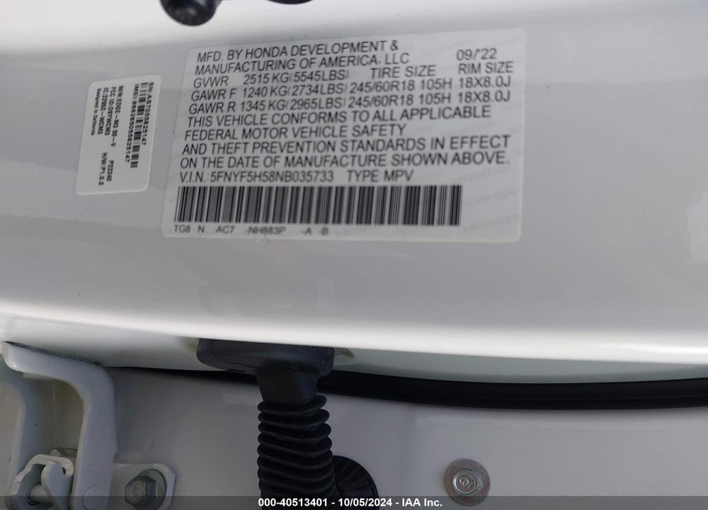 2022 HONDA PILOT 2WD EX-L VIN: 5FNYF5H58NB035733