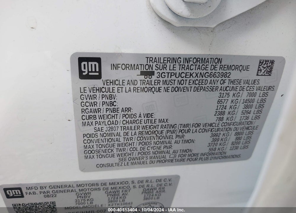 2022 GMC SIERRA 1500 VIN: 3GTPUCEKXNG663982