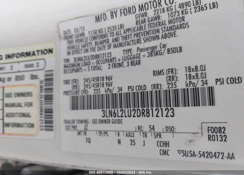 2013 LINCOLN MKZ HYBRID VIN: 3LN6L2LU2DR812123