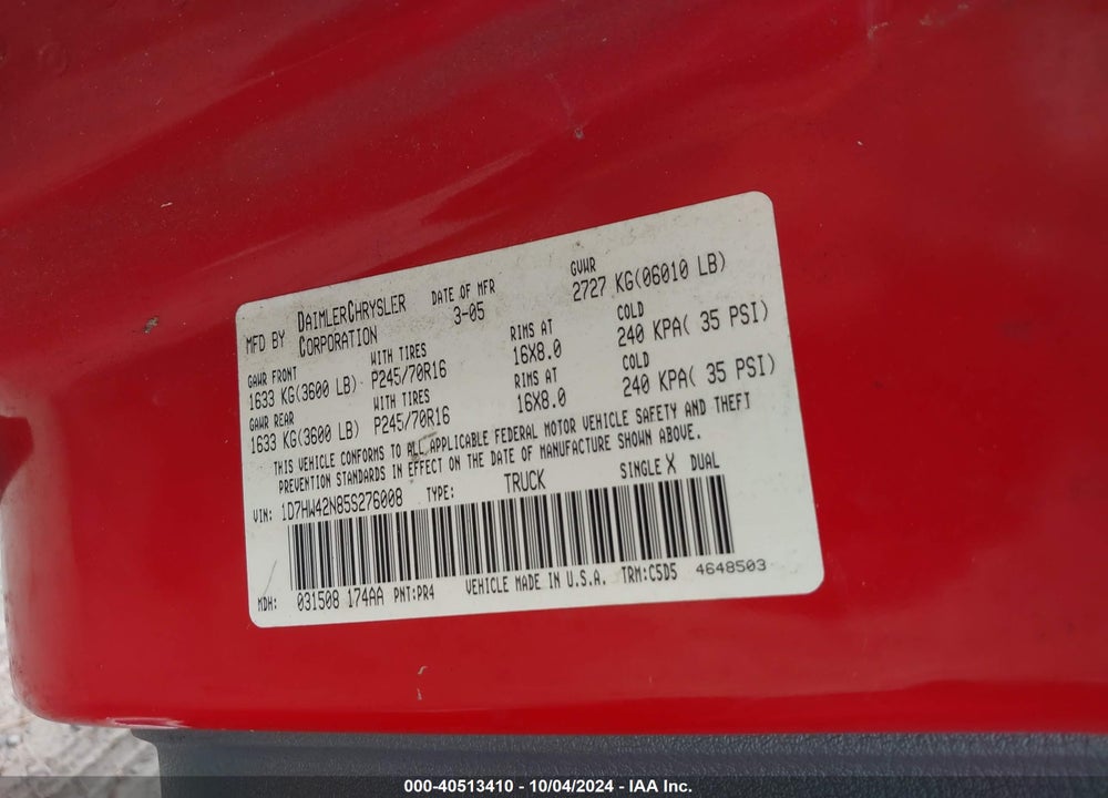 2005 DODGE DAKOTA SLT VIN: 1D7HW42N85S276008