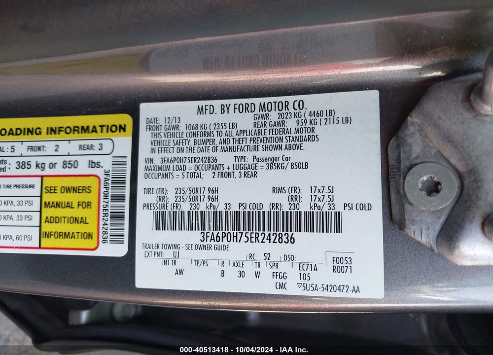 2014 FORD FUSION SE VIN: 3FA6P0H75ER242836