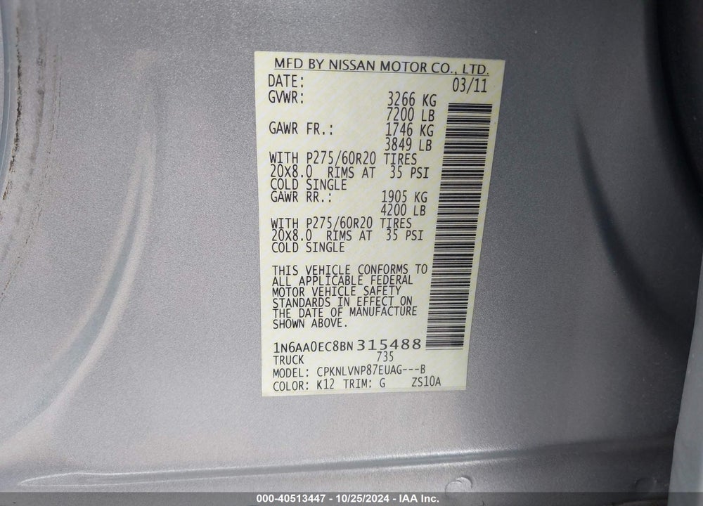 2011 NISSAN TITAN SL VIN: 1N6AA0EC8BN315488