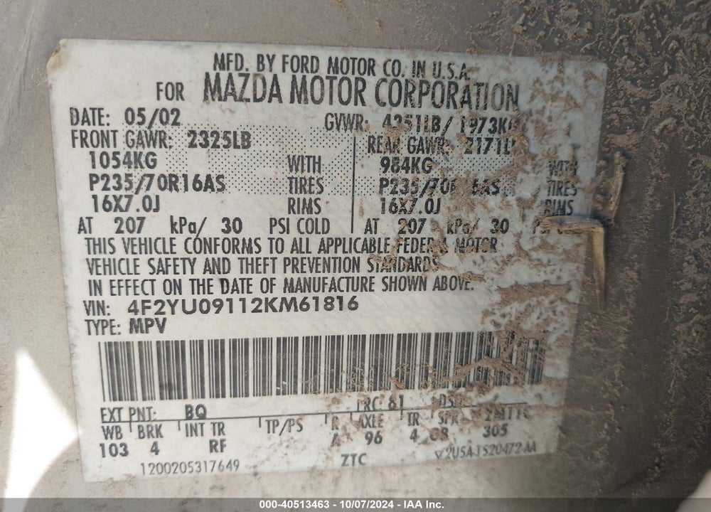 2002 MAZDA TRIBUTE ES V6/LX V6 VIN: 4F2YU09112KM61816