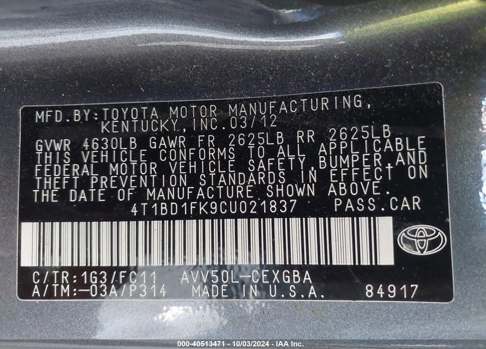 2012 TOYOTA CAMRY HYBRID XLE VIN: 4T1BD1FK9CU021837