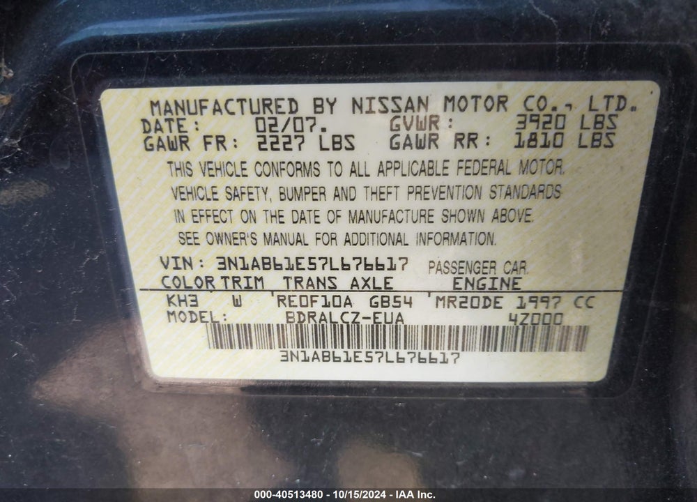 2007 NISSAN SENTRA 2.0 VIN: 3N1AB61E57L676617