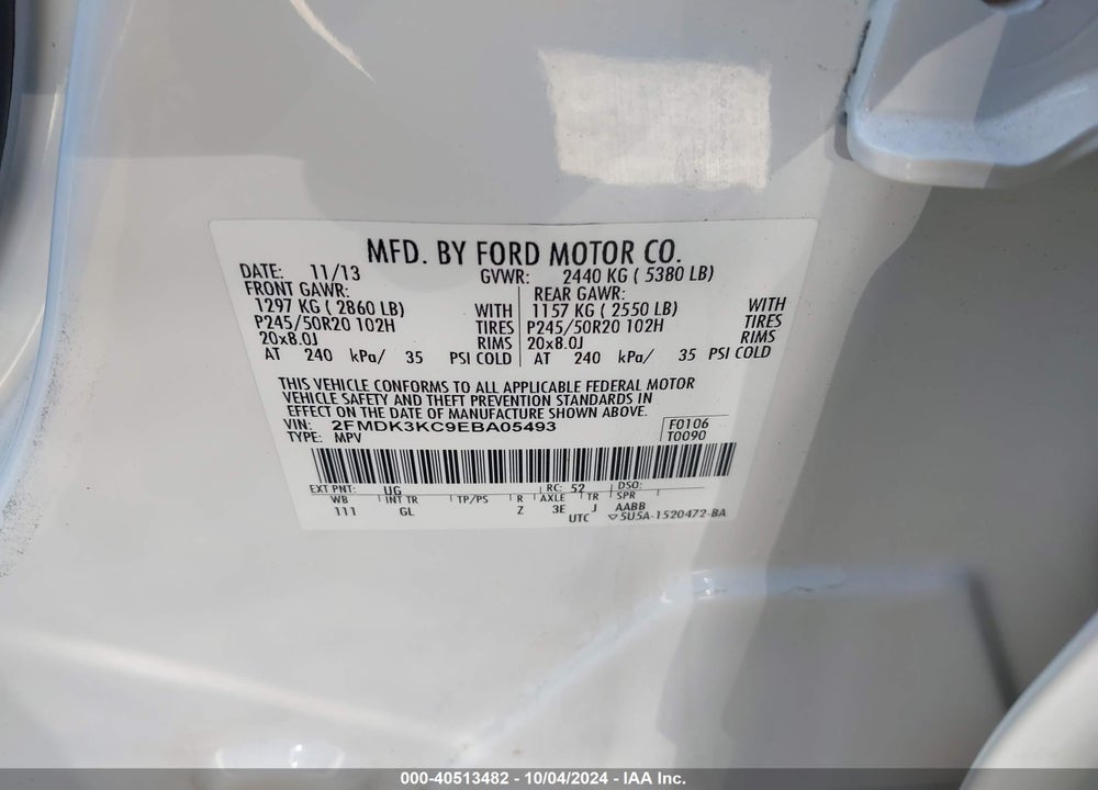 2014 FORD EDGE LIMITED VIN: 2FMDK3KC9EBA05493