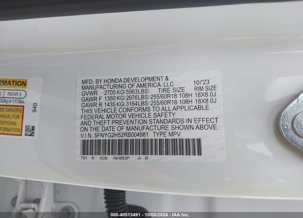2024 HONDA PILOT EX-L 7-PASSENGER VIN: 5FNYG2H52RB004981