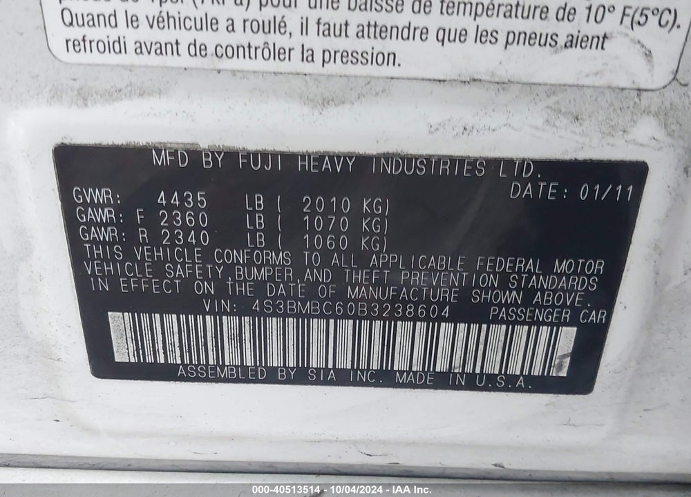 2011 SUBARU LEGACY 2.5I PREMIUM VIN: 4S3BMBC60B3238604